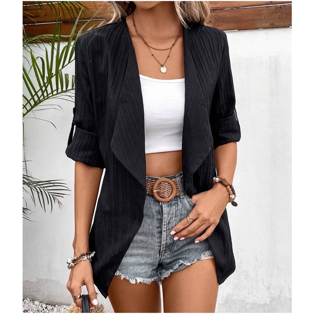 Ribbed Open front Cuffed Sleeve Blazer Jacket - Picture 4 of 13